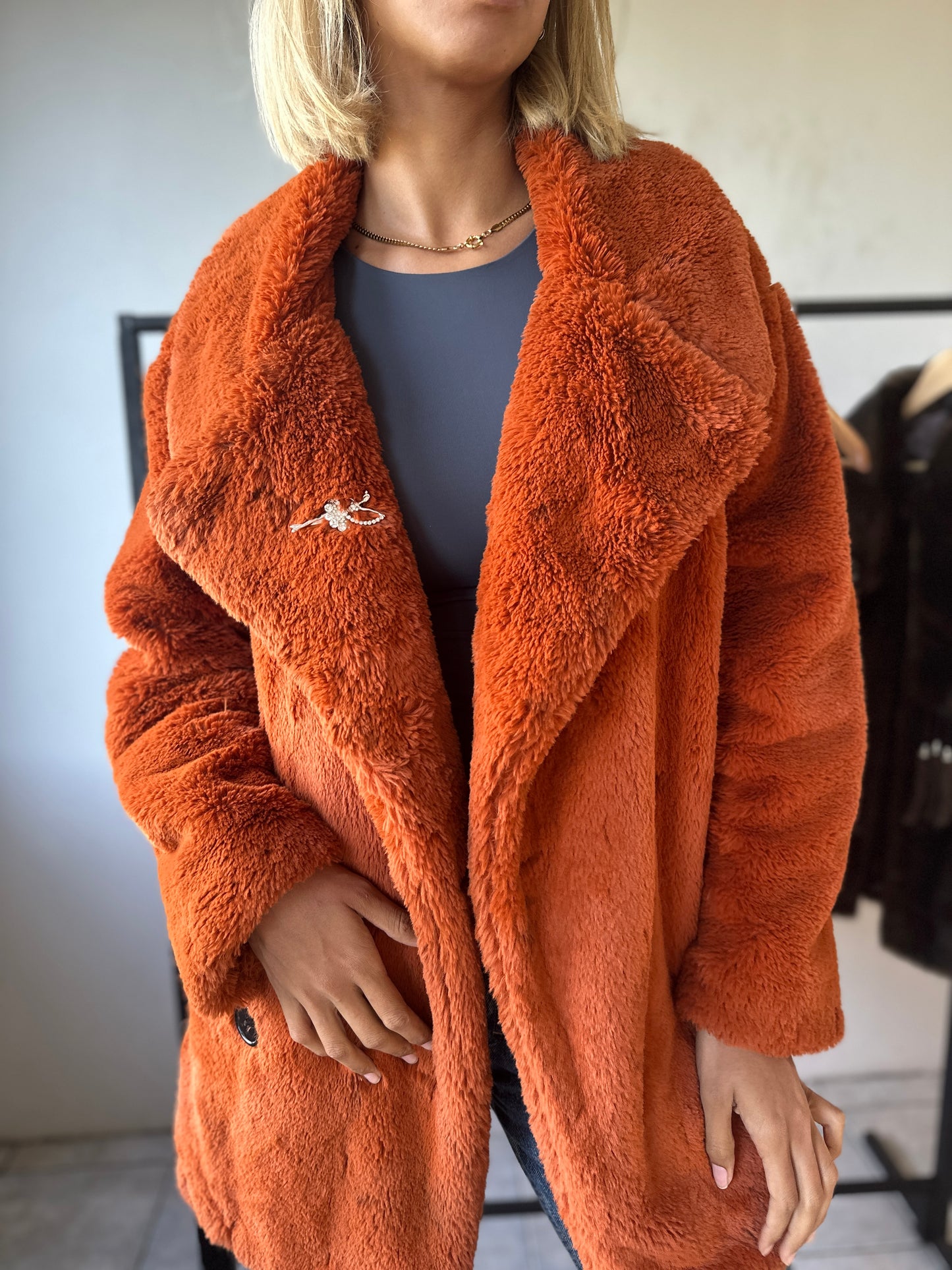 Burns orange fur coat