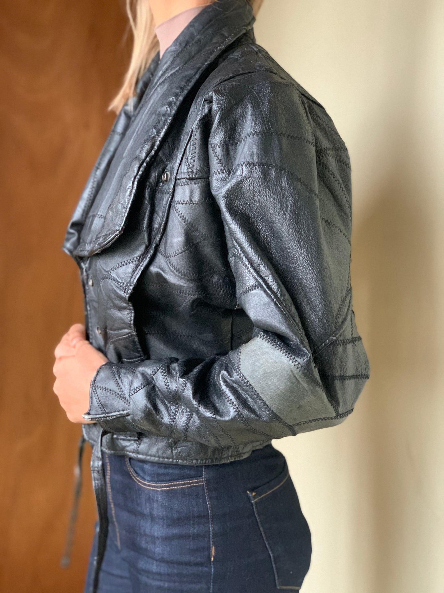 Patch style leather jacket