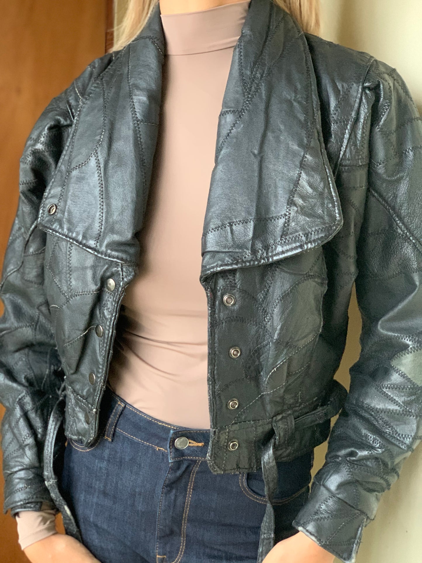 Patch style leather jacket