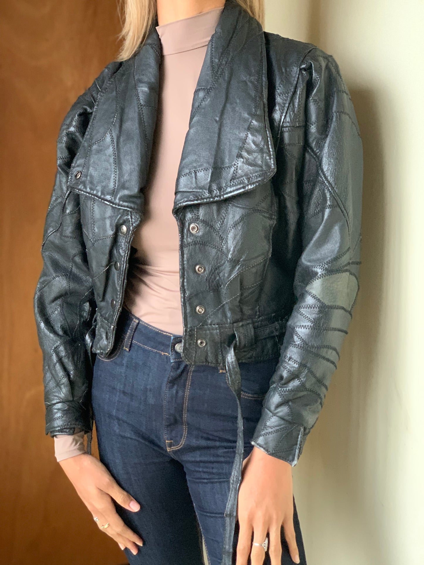 Patch style leather jacket