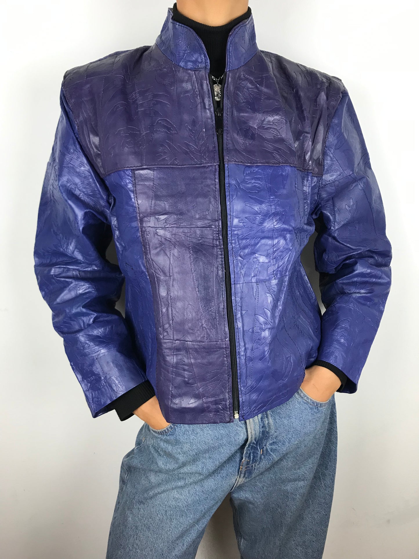 Leather patch zip up (Blue)