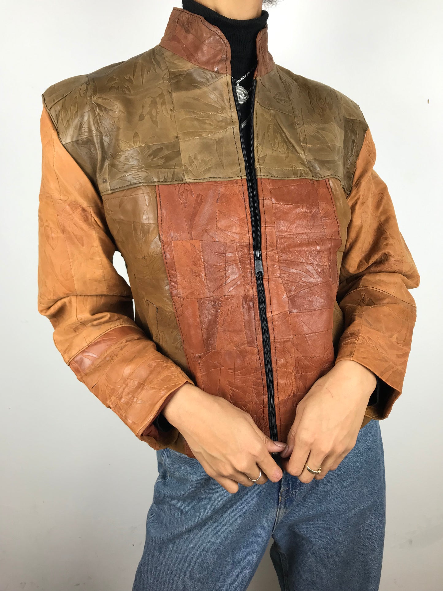 Leather patch zip up (Brown)