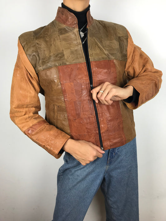 Leather patch zip up (Brown)