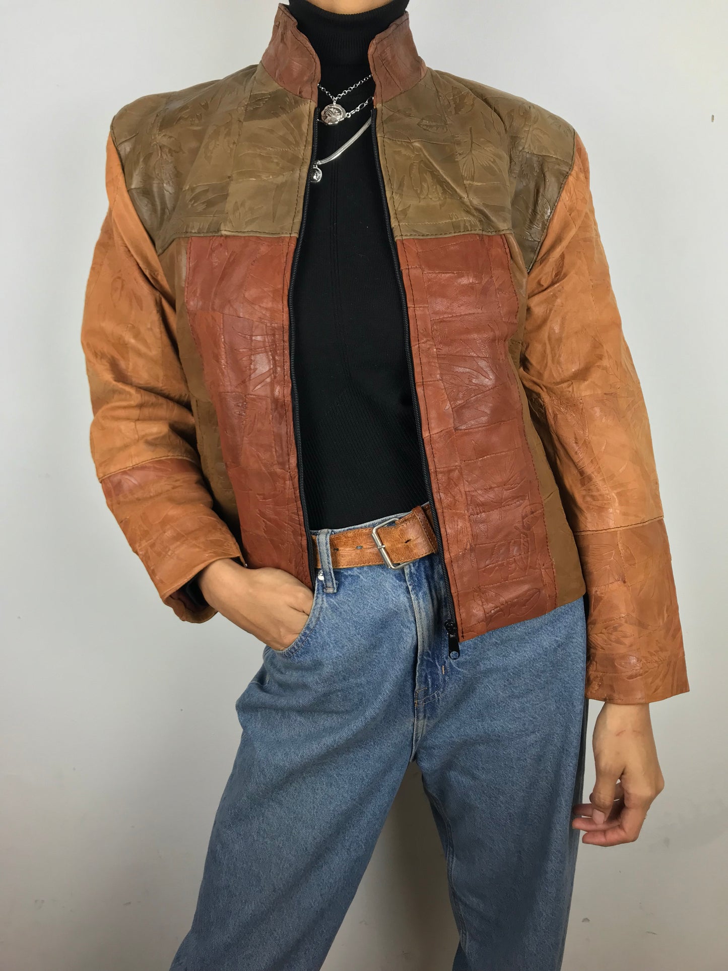 Leather patch zip up (Brown)