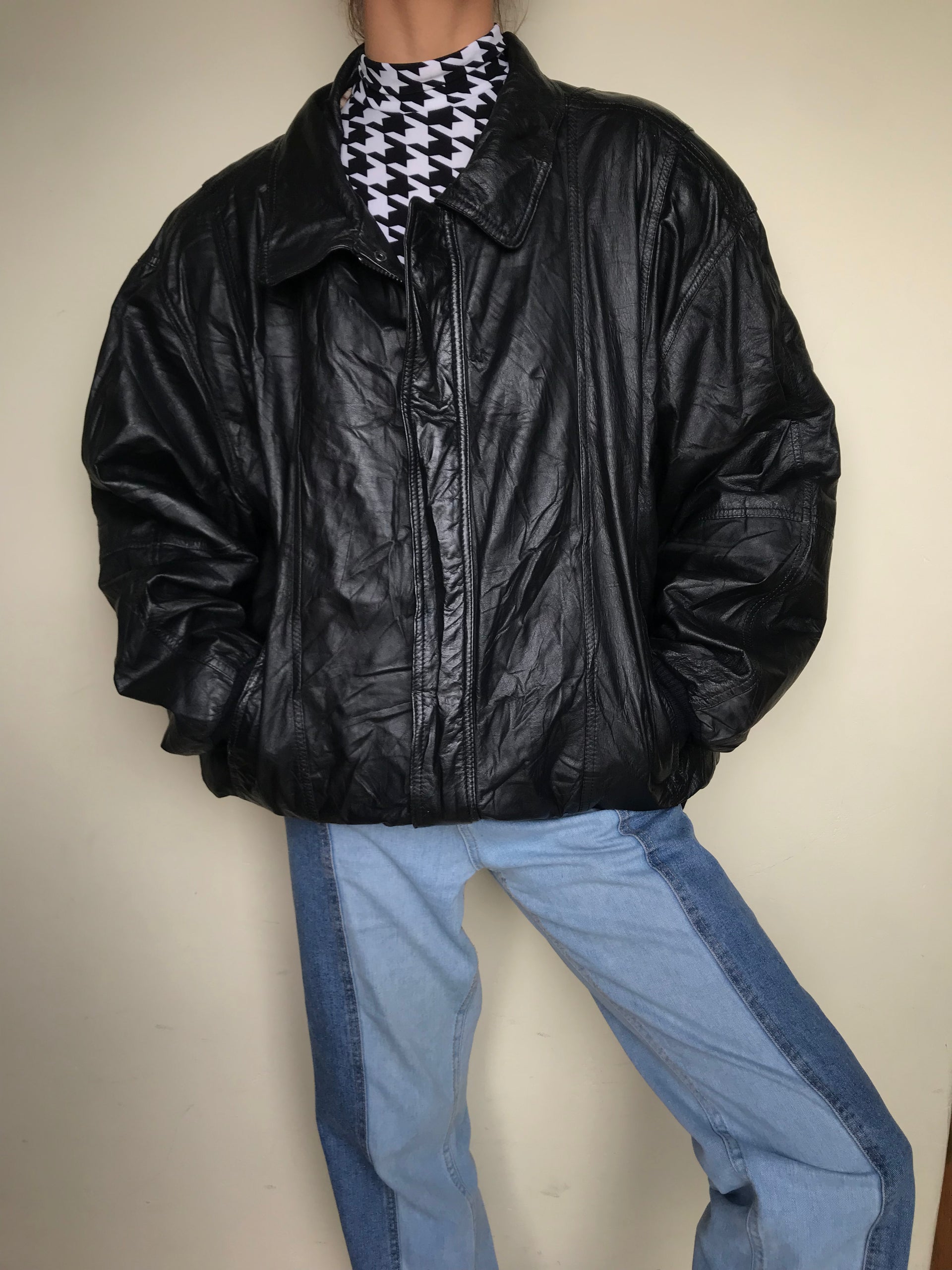 ジャケット・アウター 80s Vtg real leather bomber jacket black Vintage 80's Patchwork Real Leather Bomber Jacket / Black