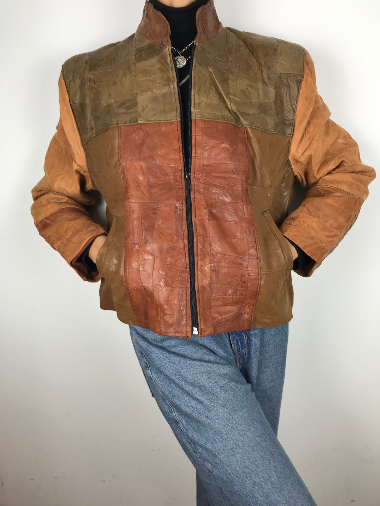 Leather patch zip up (Brown)