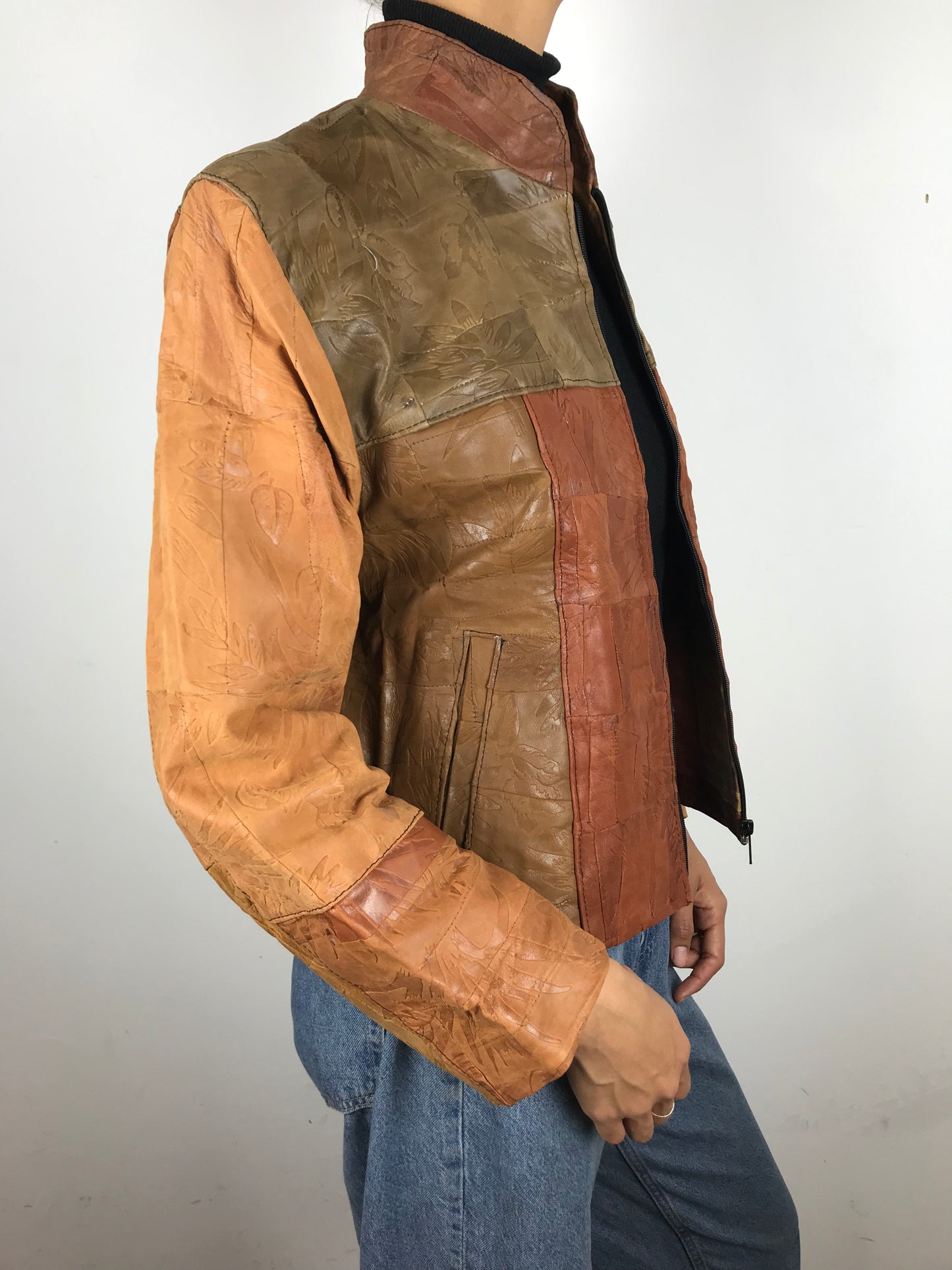 Leather patch zip up (Brown)